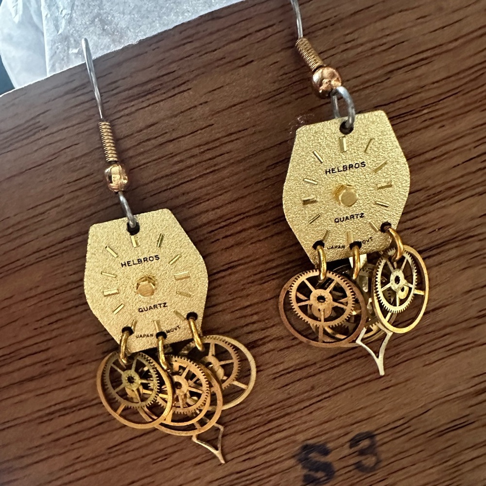 Rare Handcrafted Helbros Upcycled Gold Tone Watch Gear Layered Drop Earrings